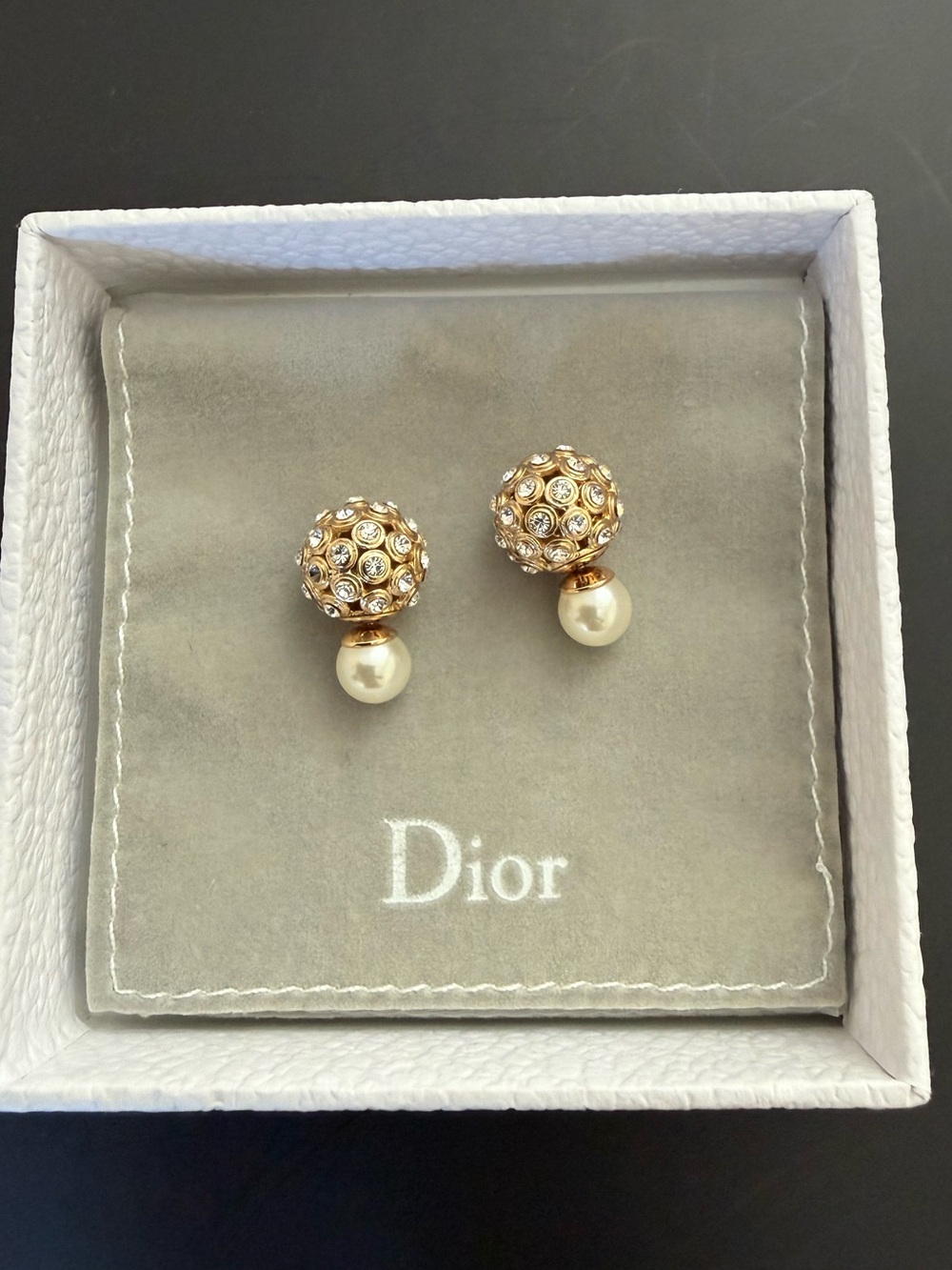 Christian Dior Tribales Gold Tone Crystal & Faux Pearl Double Ball Earrings